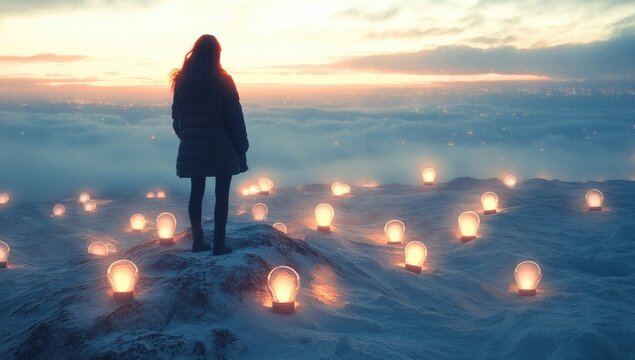 Woman on a snow-covered mountaintop, surrounded by glowing orbs