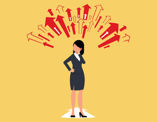 Symbolizing strategy,  Contemplative businesswoman surrounded by arrows. decision making and navigating the complexities of the market.