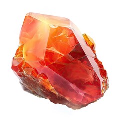 A vibrant, translucent gemstone with a multifaceted, crystalline structure, exhibiting rich orange and red hues, is presented against a stark white backdrop