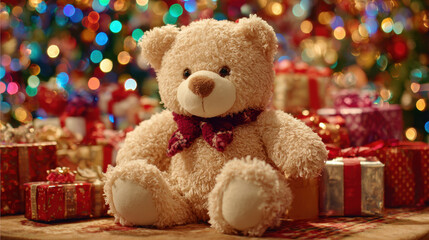 Cute teddy bear sitting in front of a colorful, beautifully lit Christmas tree surrounded by wrapped gifts and festive decorations, creating a warm holiday atmosphere.