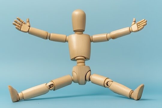 Wooden articulated figure in a wide stance, arms outstretched