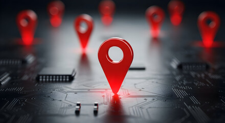 Global Network Connection Red Location Pins on Circuit Board Digital Map Technology Innovation GPS Navigation System Internet of Things IoT