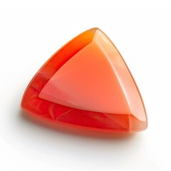 A polished triangular gemstone, vibrant orange-red hue, showcases internal banding and subtle translucence against a stark white backdrop