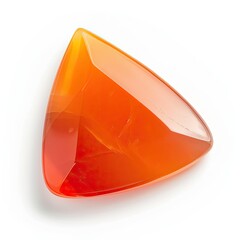 A vibrant, triangular gemstone with a polished, translucent surface exhibits warm orange hues and subtle internal veining.  Its facets catch the light, creating a slight shine