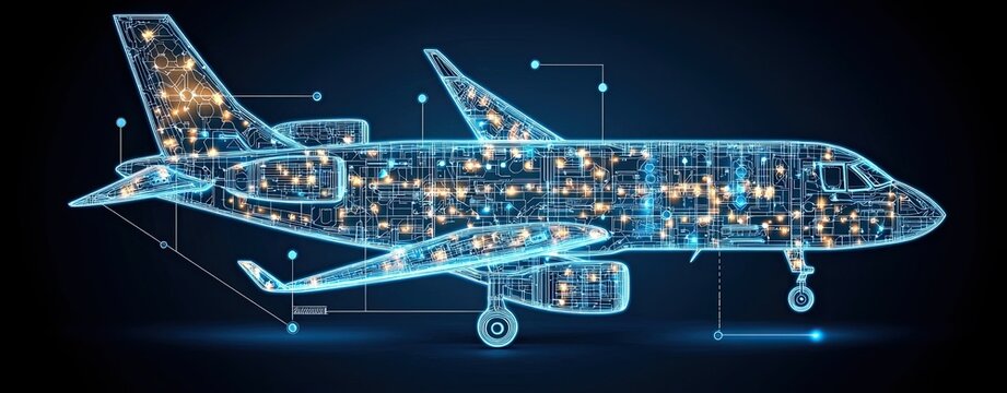 Futuristic aircraft blueprint a stunning digital illustration of an airplane, showcasing intricate neon circuitry and design. Perfect for concepts of technology and innovation in aviation.