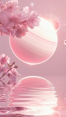 Pink planet with cherry blossoms reflected in calm water, set against a pastel sky.  A dreamy, ethereal scene