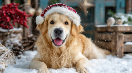 Golden Retriever in Santa Hat &ndash; Christmas Pet Portrait Photo