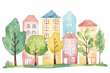 Watercolor painting of a charming town with pastel-colored buildings and lush green trees, conveying a sense of tranquility and community