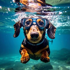 Cute dog wearing goggles underwater