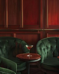 A cocktail sits on a small round table between two dark green velvet armchairs in a room with rich wood paneling