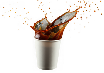 Coffee splash from white paper cup isolated on transparent background