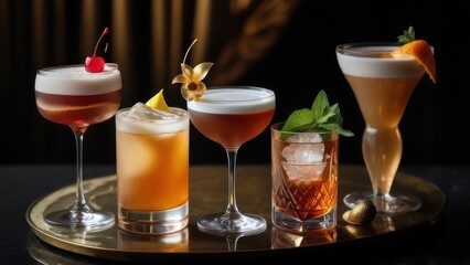 Elegant cocktails beautifully arranged on gold tray for upscale bar menu or luxurious celebration event, promising a vibrant and sophisticated experience