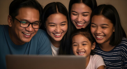 Happy Asian family enjoying quality time together watching something funny on laptop at home