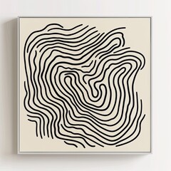 Abstract beige square canvas features a central black design of swirling, concentric lines creating an organic, almost fingerprint-like pattern