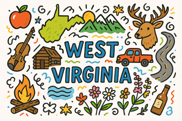 Fototapeta premium Travel and adventure icon set: outline style representations of west virginia's charm