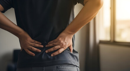 Man suffering from lower back pain holding his aching back lumbar spine injury health problem medical healthcare wellness therapy treatment