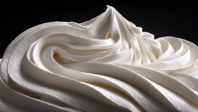 Close-up of a creamy, white substance, swirled and textured, against a dark background, highlighting its smooth and decadent appearance