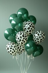 A cluster of dark-green and cream-leopard-print balloons against a muted green backdrop