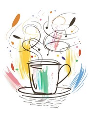 An abstract illustration of a coffee cup on a saucer, surrounded by colorful musical notes and paint strokes, suggesting warmth, energy, and artistic expression