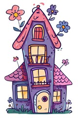 A whimsical, three-story house with a pointed roof, adorned with flowers and characterized by a playful, hand-drawn style