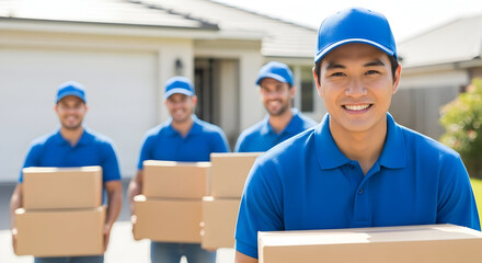 Happy moving company team carrying boxes smiling friendly relocation service home delivery