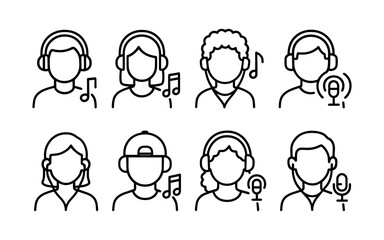Music and podcast icons set. People listening with headphones, earphones and microphone. Outline vector illustrations