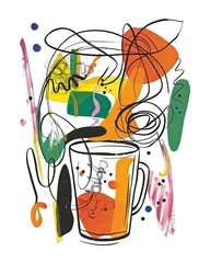 An abstract artwork depicting a mug filled with a vibrant, multicolored liquid, surrounded by energetic, swirling lines and shapes in a dynamic composition