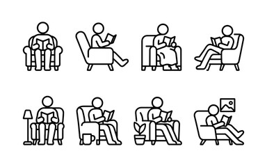 Reading icons set. People sitting in armchair with book, blanket, lamp, mug and plant. Outline vector illustrations