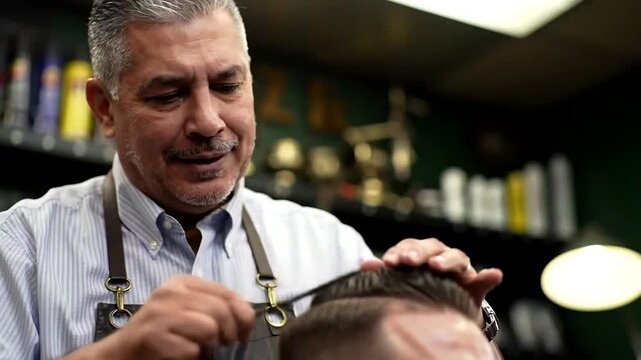 A skilled barber performs a haircut, showcasing professional grooming techniques in a stylish salon atmosphere.