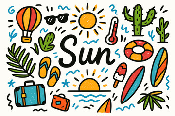 Fototapeta premium Summer doodle icon set. fun, vibrant outline icons for vacation and outdoor activities