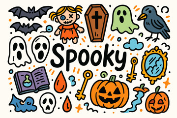 Fototapeta premium Halloween, spooky doodle icon set. fun, creepy, outline collection for festive designs