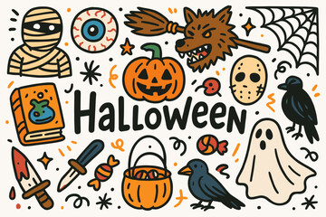 Halloween flat icon set. spooky, scary symbols for festive decoration and design.
