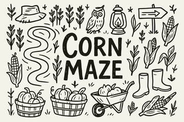 Corn maze outline icon set. hand-drawn fall, harvest, pumpkin, lantern, owl icons.