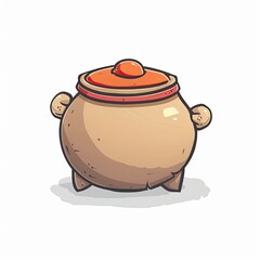 Cartoon illustration of a round, tan pot with small handles and legs, featuring a reddish-orange lid