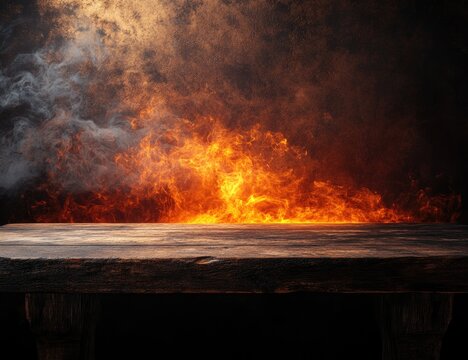 Wooden table, fire, smoky backdrop