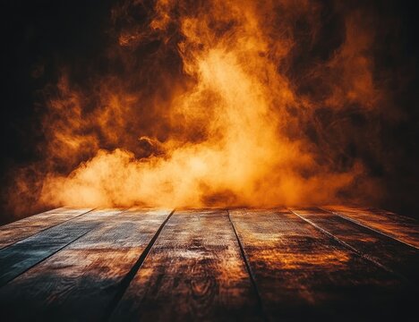 Smoky orange haze over weathered wooden planks