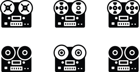 Vintage reel to reel tape recorder vector illustration set for audio recording