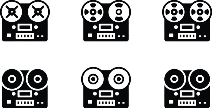 Vintage reel to reel tape recorder vector illustration set for audio recording