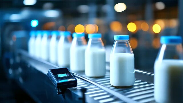 Milk Bottles on Conveyor Belt with Digital Scanner Verifying Barcodes High Tech Dairy Plant Emphasizing Automation Hygiene and Glass Reflections Under Bright Lights with copy