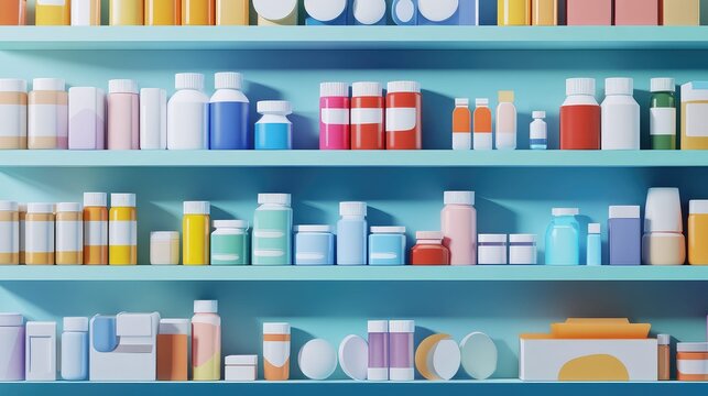 pper zooming in on a pharmacy shelf in a paper cutout style