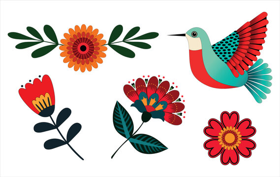 Set of Mexican flowers and bird. Mexican ethnic motifs for holiday decoration. Vector illustration for creating posters, banners, stickers, invitations, cards.	