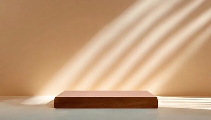 木製台座とベージュの壁に当たる太陽光