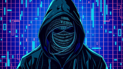 abstract blue background with man hacker binary code security hacking illustration
