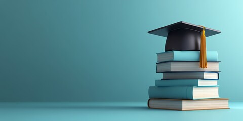 Minimal background for online education concept Book with graduation hat on blue background 3d rendering illustration Clipping path of each element included