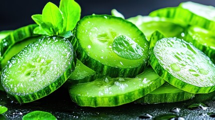 Refreshing Cucumber Slices: A Close-Up of Juicy, Green Cucumber Rounds Glistening with Water Droplets,  Enhanced by the Vibrant Green of Fresh Herbs