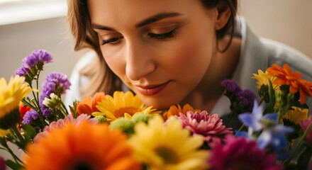 Naklejka premium Woman smelling a bouquet of colorful flowers enjoying the fresh floral scent nature beauty happiness spring summer