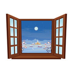 Wooden vector window. Christmas window. Closed window decorated for Christmas. Christmas tree, lanterns, cones, gifts. Christmas party. Set of decorations vector.