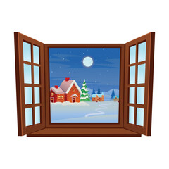 Wooden vector window. Christmas window. Closed window decorated for Christmas. Christmas tree, lanterns, cones, gifts. Christmas party. Set of decorations vector.