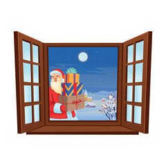 Wooden vector window with Santa Claus holding gifts. Christmas window. Christmas Open Window. Christmas tree, Christmas Village. Set of vector decorations.