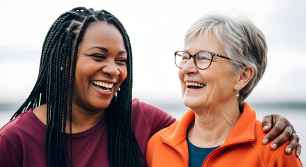 Two happy women laughing together enjoying life friendship bonding mature adult young adult multigenerational family happiness joy care support wellbeing togetherness